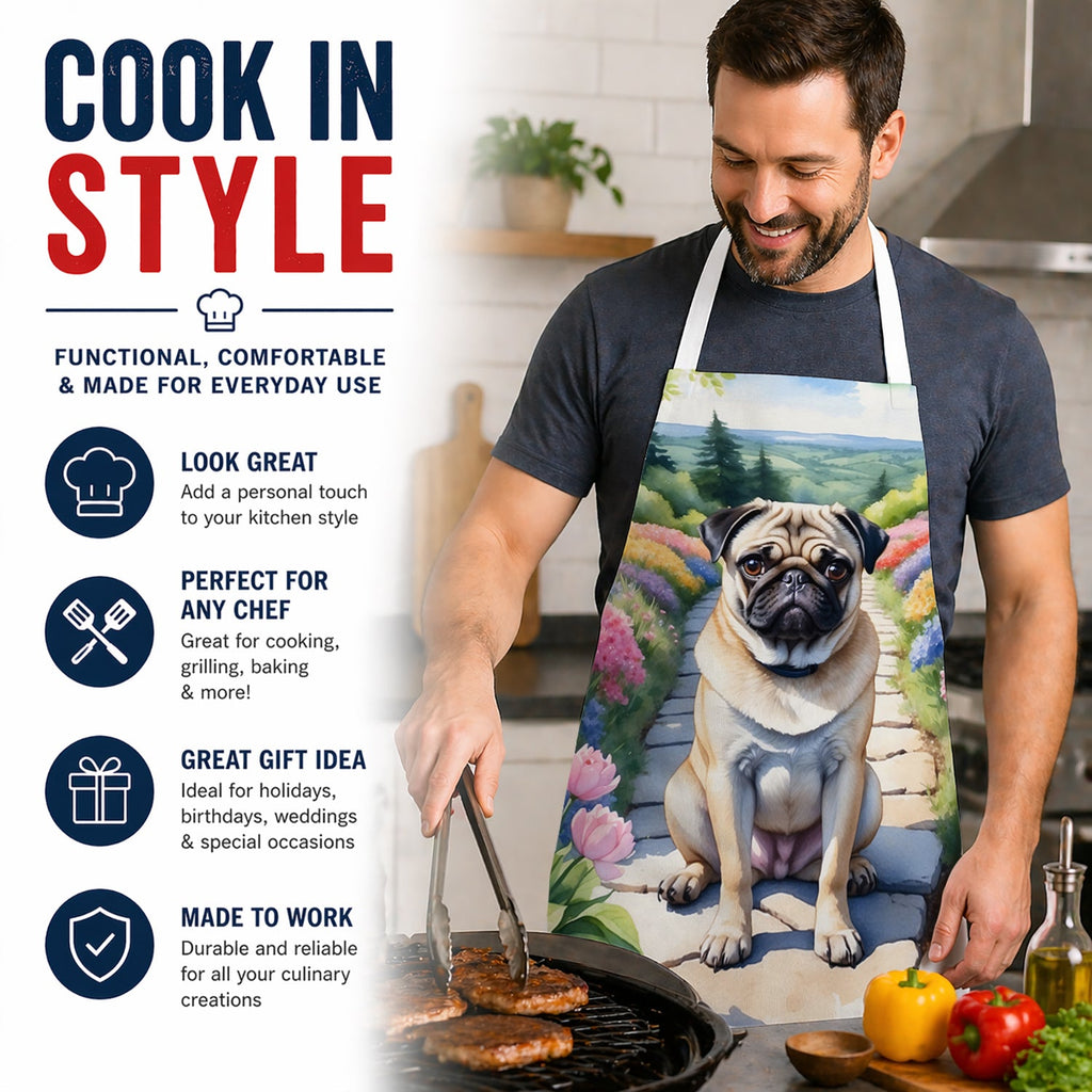 Pug Spring Path Apron Cooking Kitchen Server Baking Crafts Gardening for Adult Women Men, Unisex, Large, Multicolor
