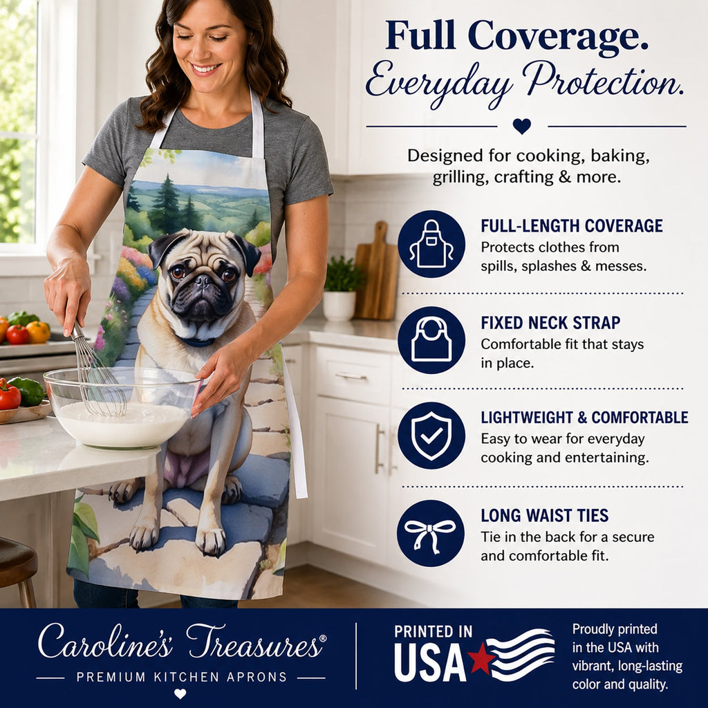 Pug Spring Path Apron Cooking Kitchen Server Baking Crafts Gardening for Adult Women Men, Unisex, Large, Multicolor