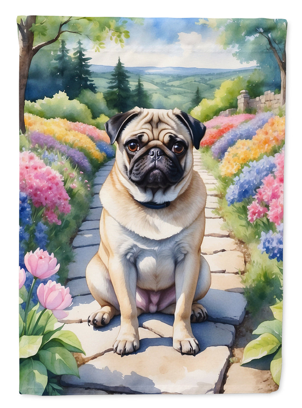 Pug Spring Path House Flag 28x40 Porch Sleeve Pole Decorative Outside Yard Banner Artwork Wall Hanging, Polyester
