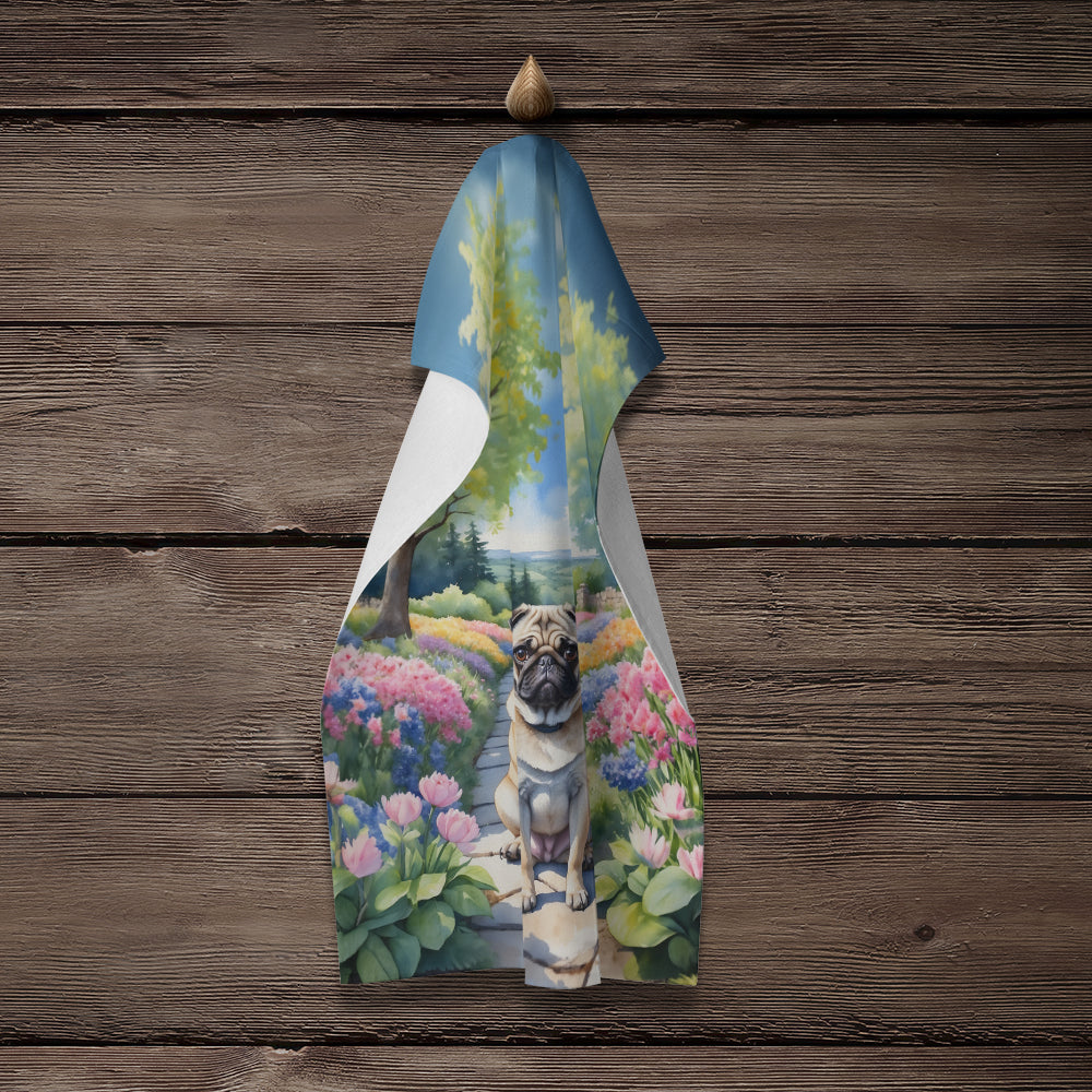 Pug Spring Path Kitchen Towel Velour Plush Front and Cotton Loop Back Machine Washable