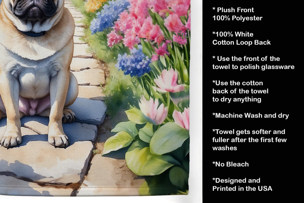 Pug Spring Path Kitchen Towel Velour Plush Front and Cotton Loop Back Machine Washable