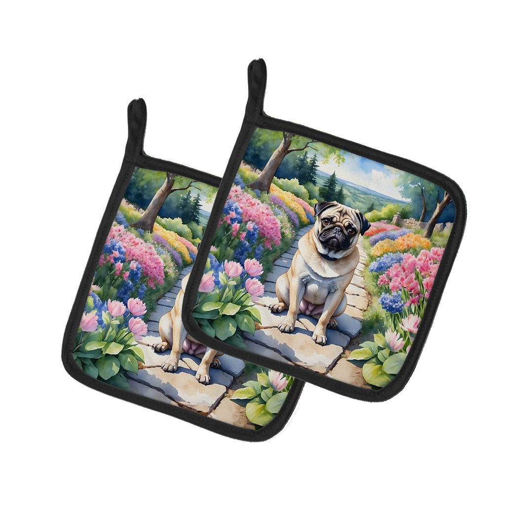 Pug Spring Path Pot Holder Set of 2 Heat Resistant Quilted Hot Pads 7.5 x 7.5 Inch, Insulated Kitchen Trivets for Cooking & Baking