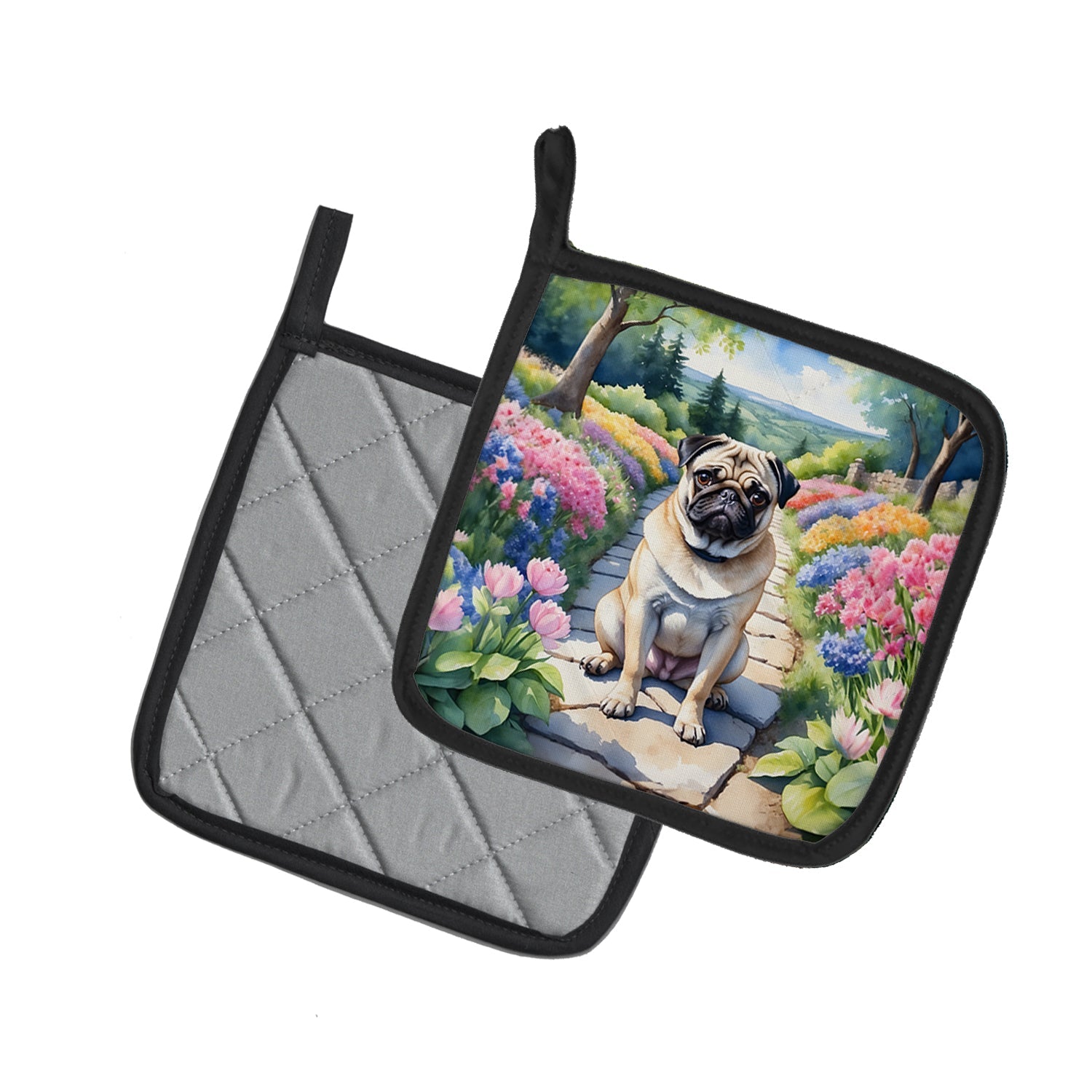 Pug Spring Path Pot Holder Set of 2 Heat Resistant Quilted Hot Pads 7.5 x 7.5 Inch, Insulated Kitchen Trivets for Cooking & Baking