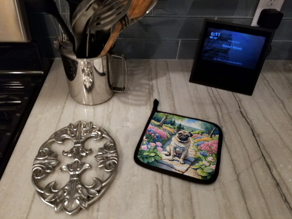 Pug Spring Path Pot Holder Set of 2 Heat Resistant Quilted Hot Pads 7.5 x 7.5 Inch, Insulated Kitchen Trivets for Cooking & Baking