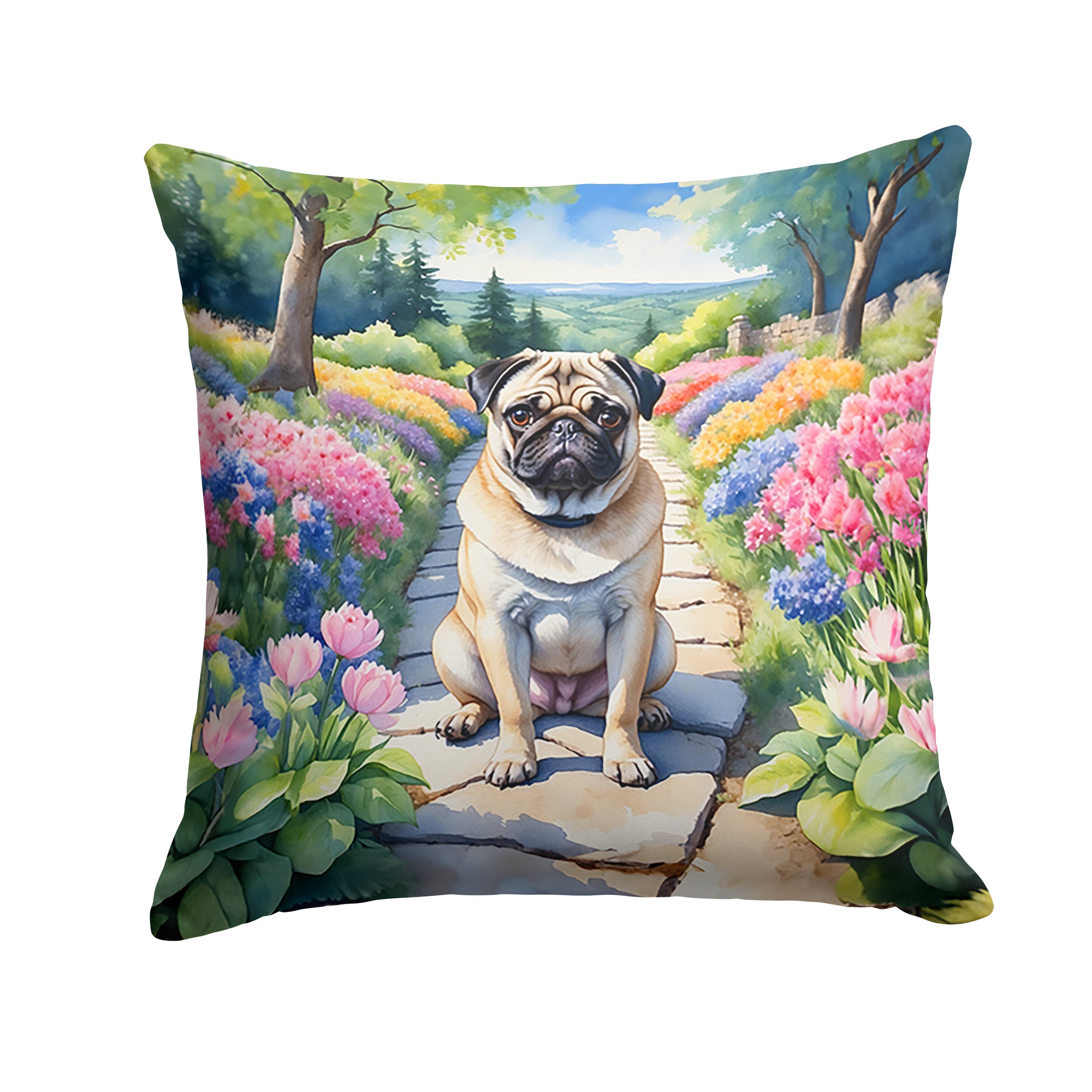 Pug Spring Path Decorative Throw Pillow 18x18 Indoor Outdoor Accent Cushion, Fabric Cover with Insert for Sofa, Bed, Porch & Living Room