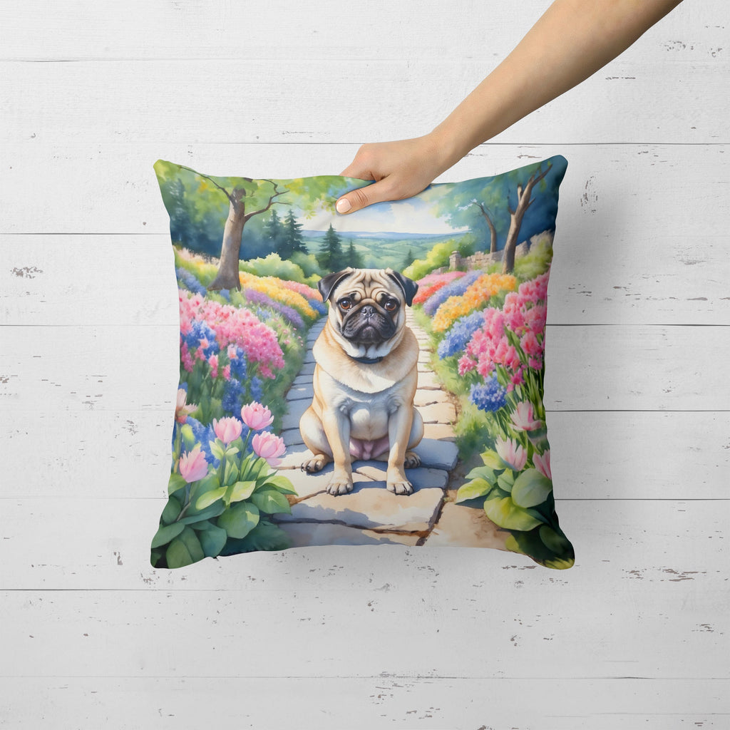 Pug Spring Path Decorative Throw Pillow 18x18 Indoor Outdoor Accent Cushion, Fabric Cover with Insert for Sofa, Bed, Porch & Living Room