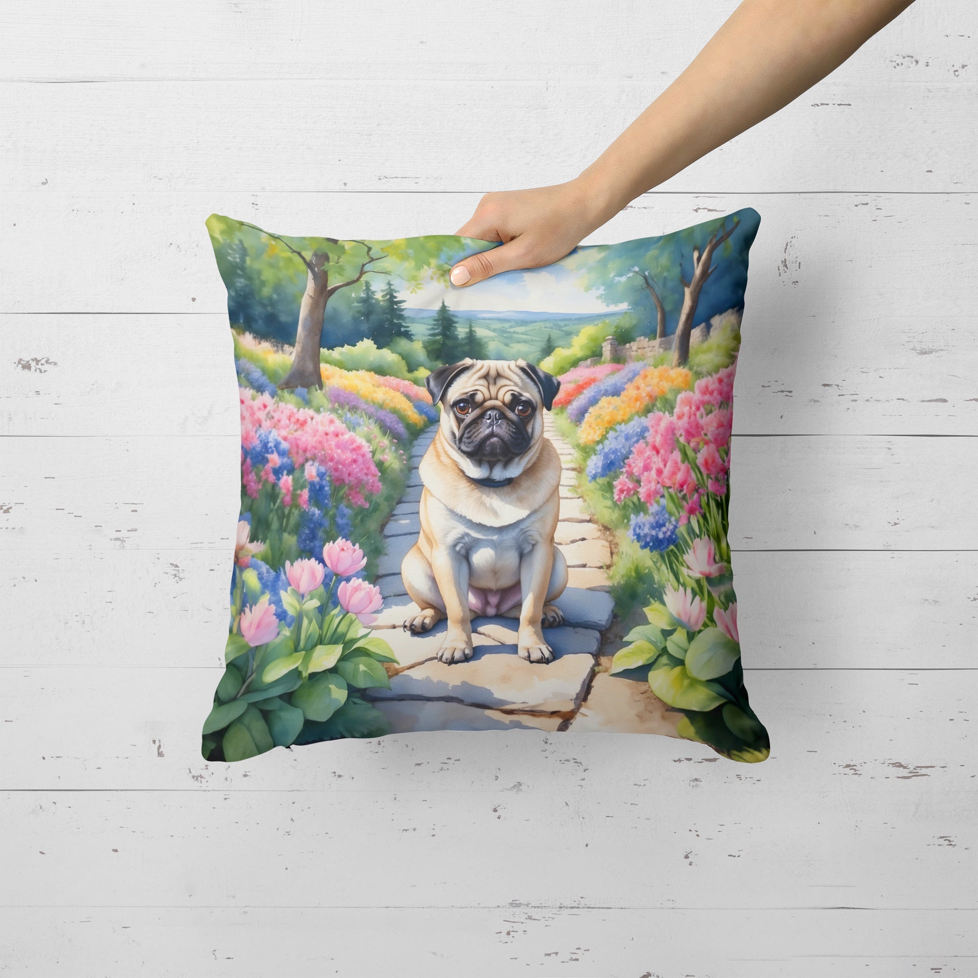 Pug Spring Path Decorative Throw Pillow 18x18 Indoor Outdoor Accent Cushion, Fabric Cover with Insert for Sofa, Bed, Porch & Living Room