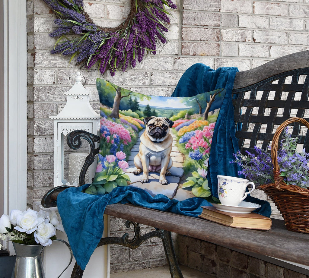 Pug Spring Path Decorative Throw Pillow 18x18 Indoor Outdoor Accent Cushion, Fabric Cover with Insert for Sofa, Bed, Porch & Living Room