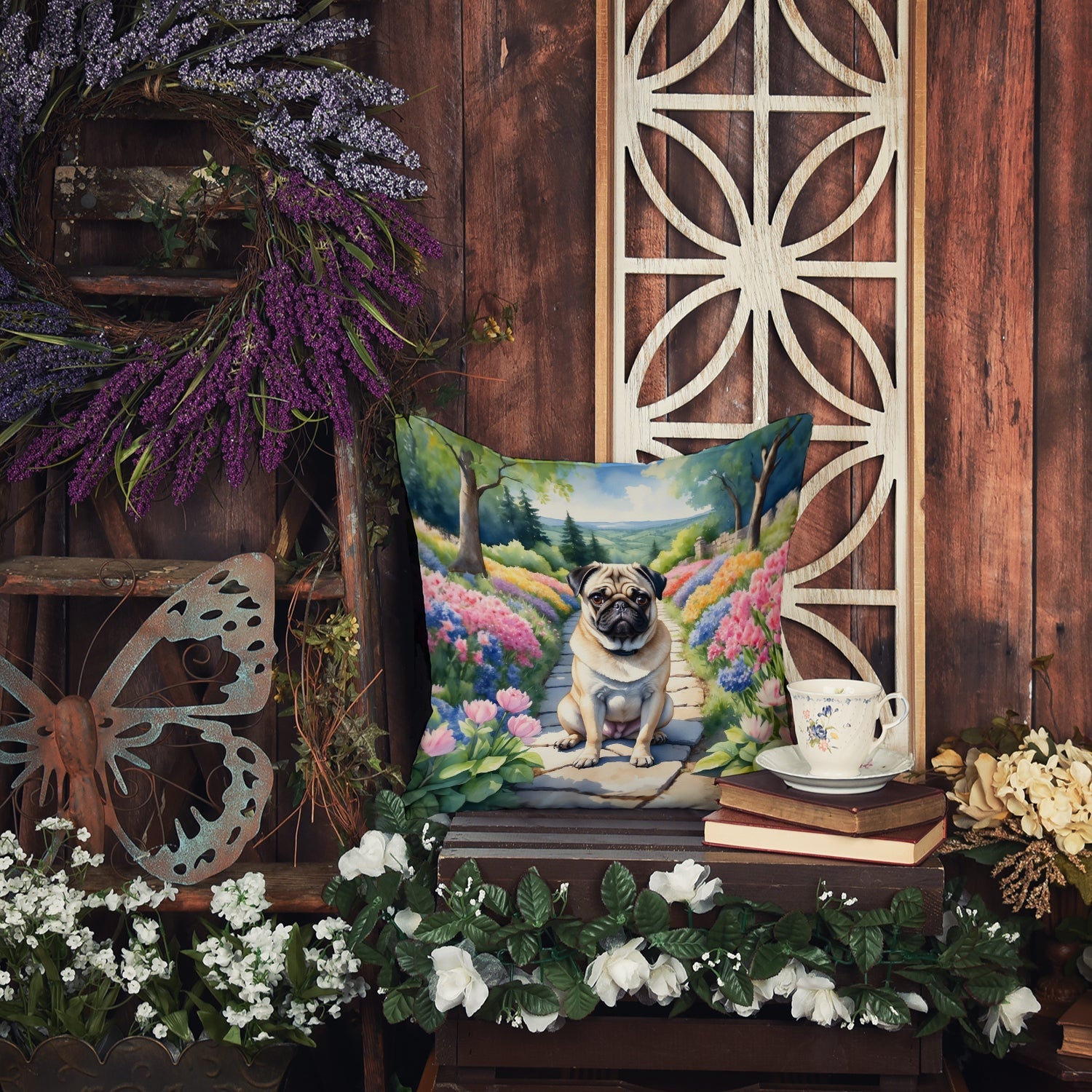 Pug Spring Path Decorative Throw Pillow 18x18 Indoor Outdoor Accent Cushion, Fabric Cover with Insert for Sofa, Bed, Porch & Living Room