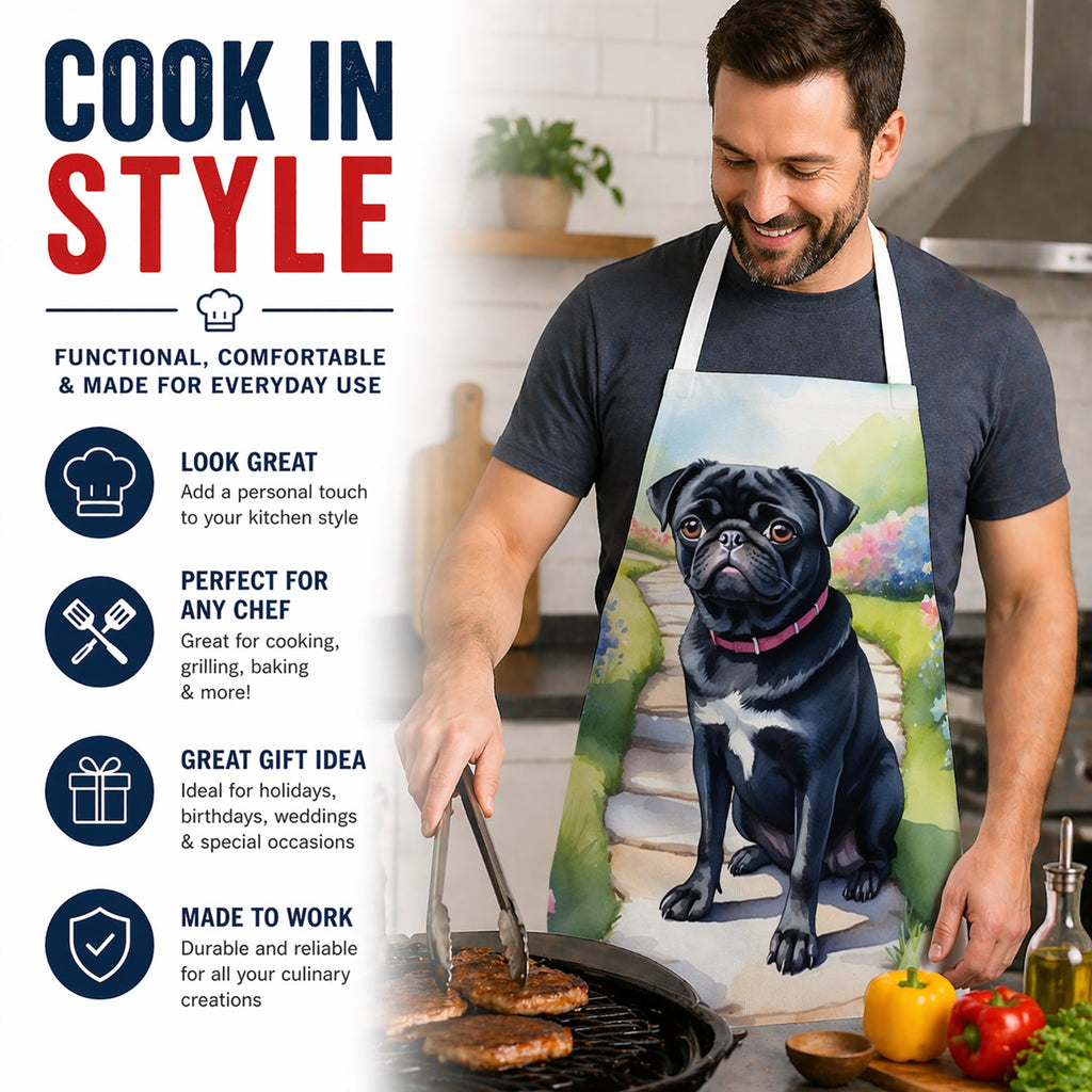 Black Pug Spring Path Apron Cooking Kitchen Server Baking Crafts Gardening for Adult Women Men, Unisex, Large, Multicolor