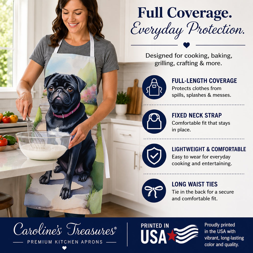 Black Pug Spring Path Apron Cooking Kitchen Server Baking Crafts Gardening for Adult Women Men, Unisex, Large, Multicolor