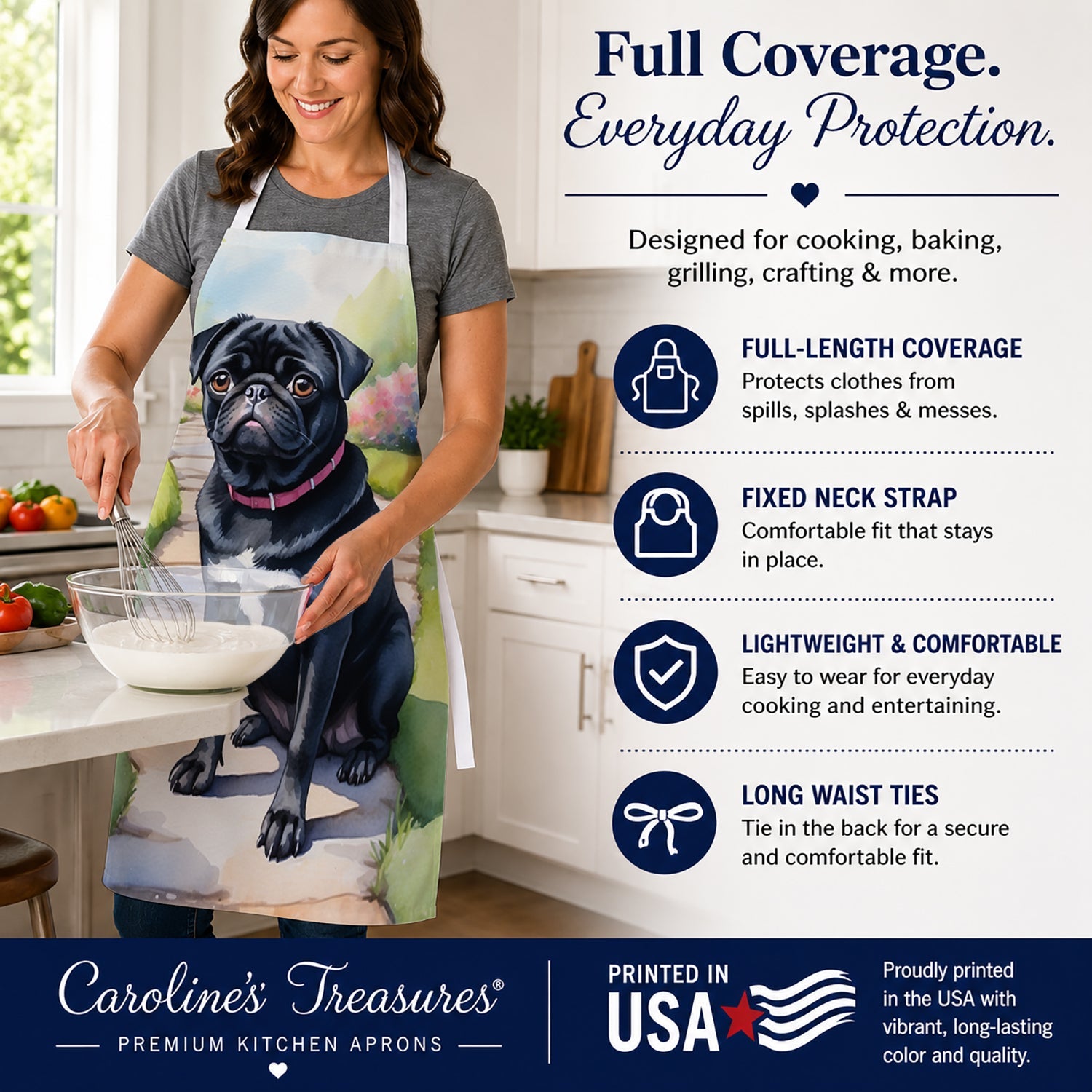 Black Pug Spring Path Apron Cooking Kitchen Server Baking Crafts Gardening for Adult Women Men, Unisex, Large, Multicolor