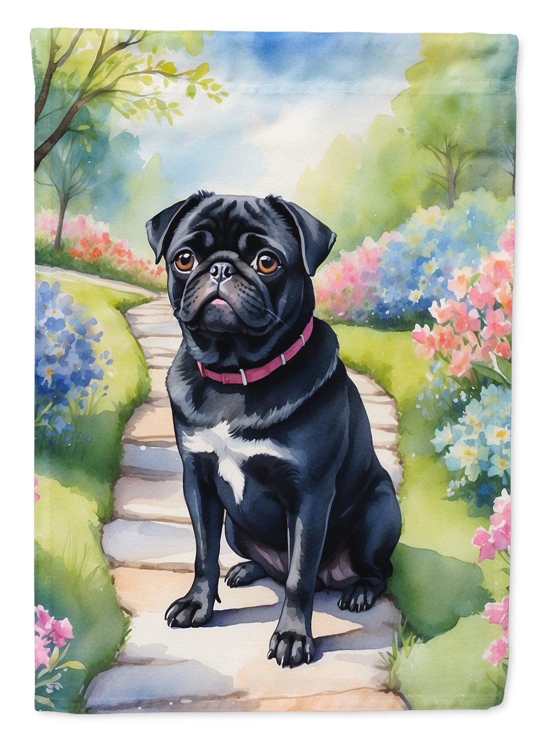 Black Pug Spring Path House Flag 28x40 Porch Sleeve Pole Decorative Outside Yard Banner Artwork Wall Hanging, Polyester