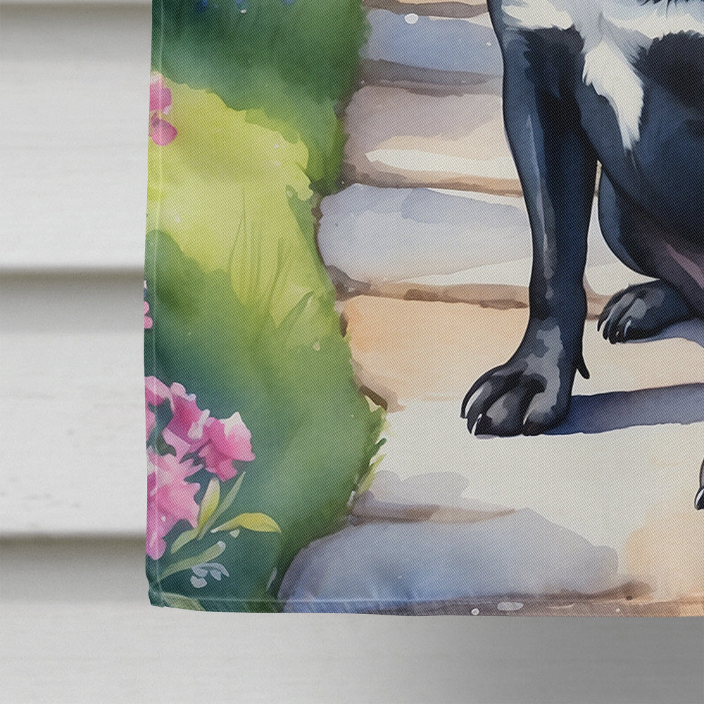 Black Pug Spring Path House Flag 28x40 Porch Sleeve Pole Decorative Outside Yard Banner Artwork Wall Hanging, Polyester