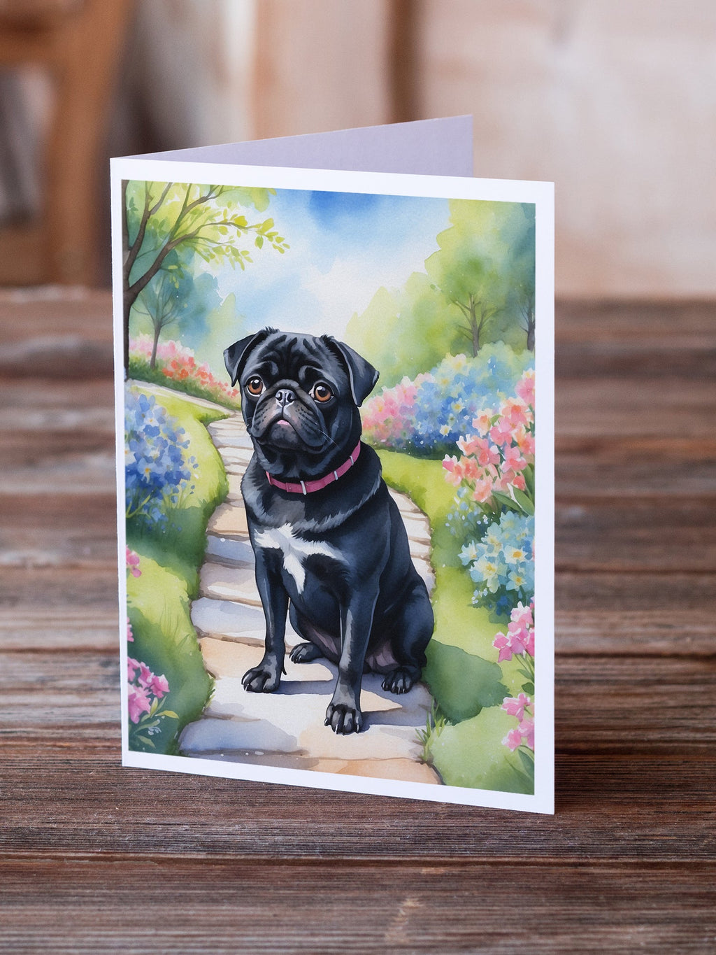 Black Pug Spring Path Greeting Cards Pack of 8 Blank Cards with Envelopes Whimsical A7 Size 5x7