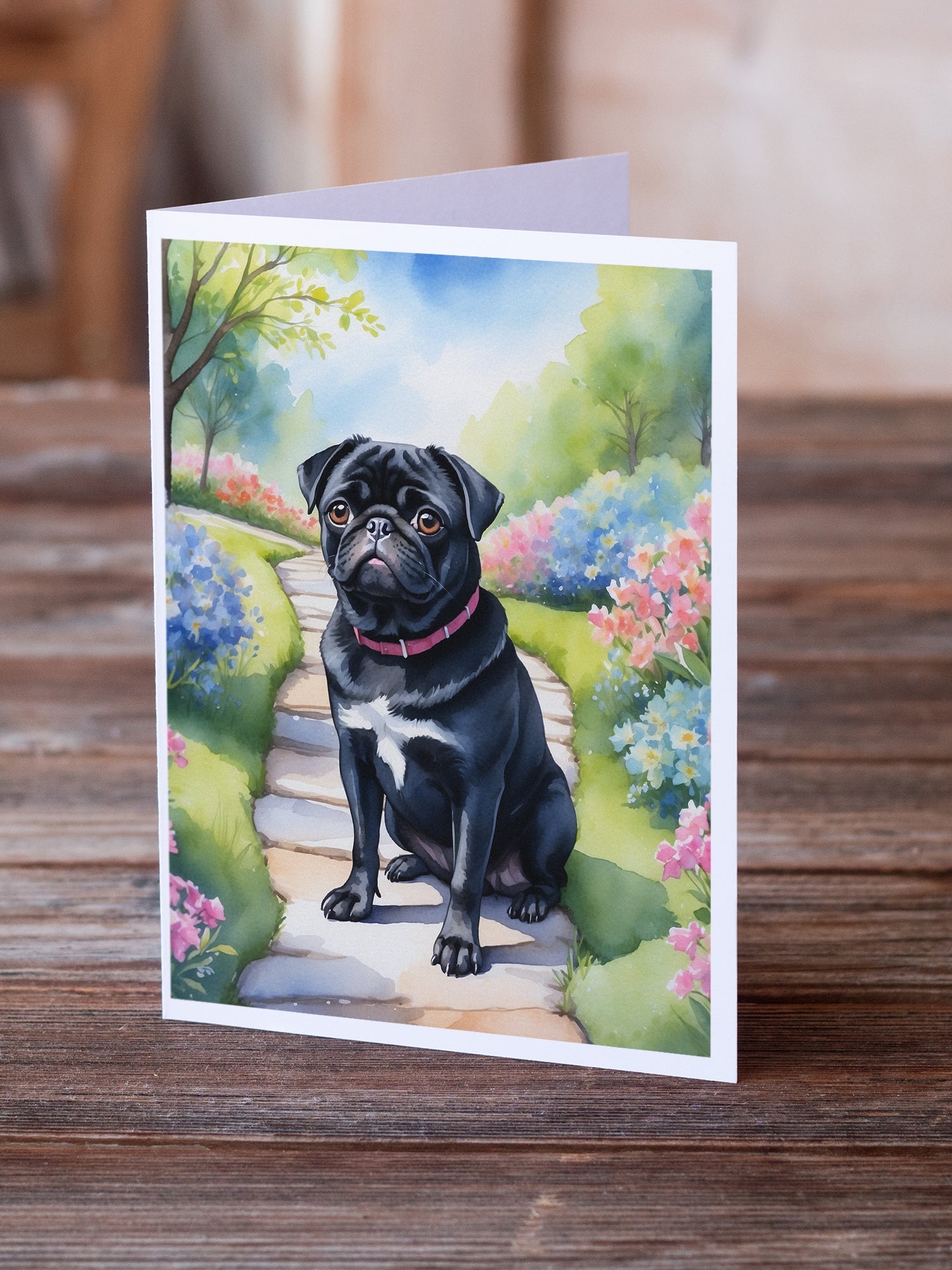 Black Pug Spring Path Greeting Cards Pack of 8 Blank Cards with Envelopes Whimsical A7 Size 5x7