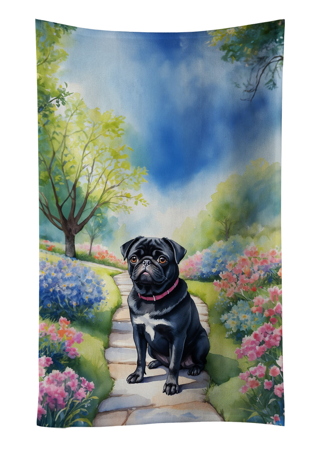 Black Pug Spring Path Kitchen Towel Velour Plush Front and Cotton Loop Back Machine Washable