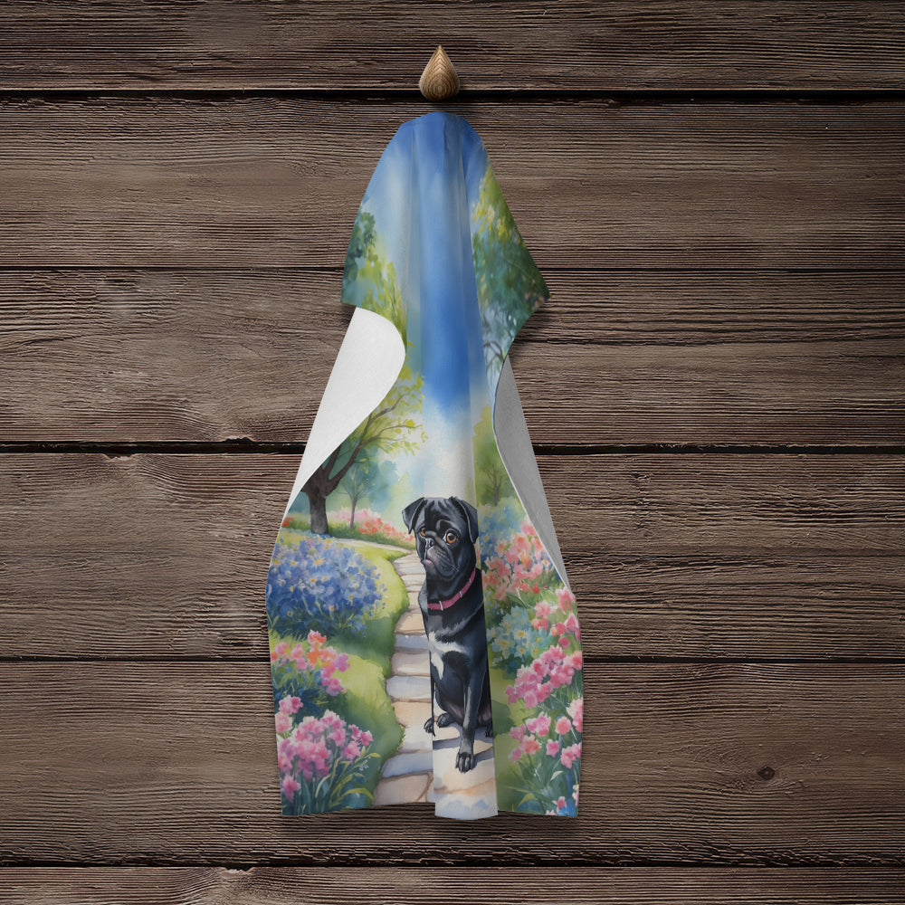 Black Pug Spring Path Kitchen Towel Velour Plush Front and Cotton Loop Back Machine Washable