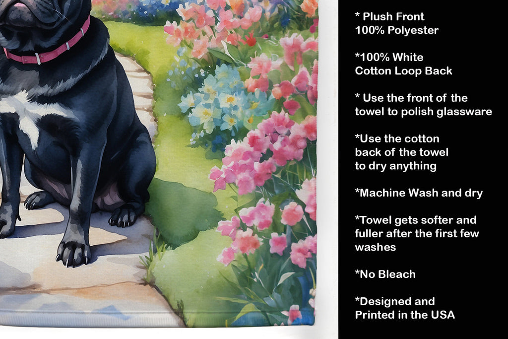Black Pug Spring Path Kitchen Towel Velour Plush Front and Cotton Loop Back Machine Washable