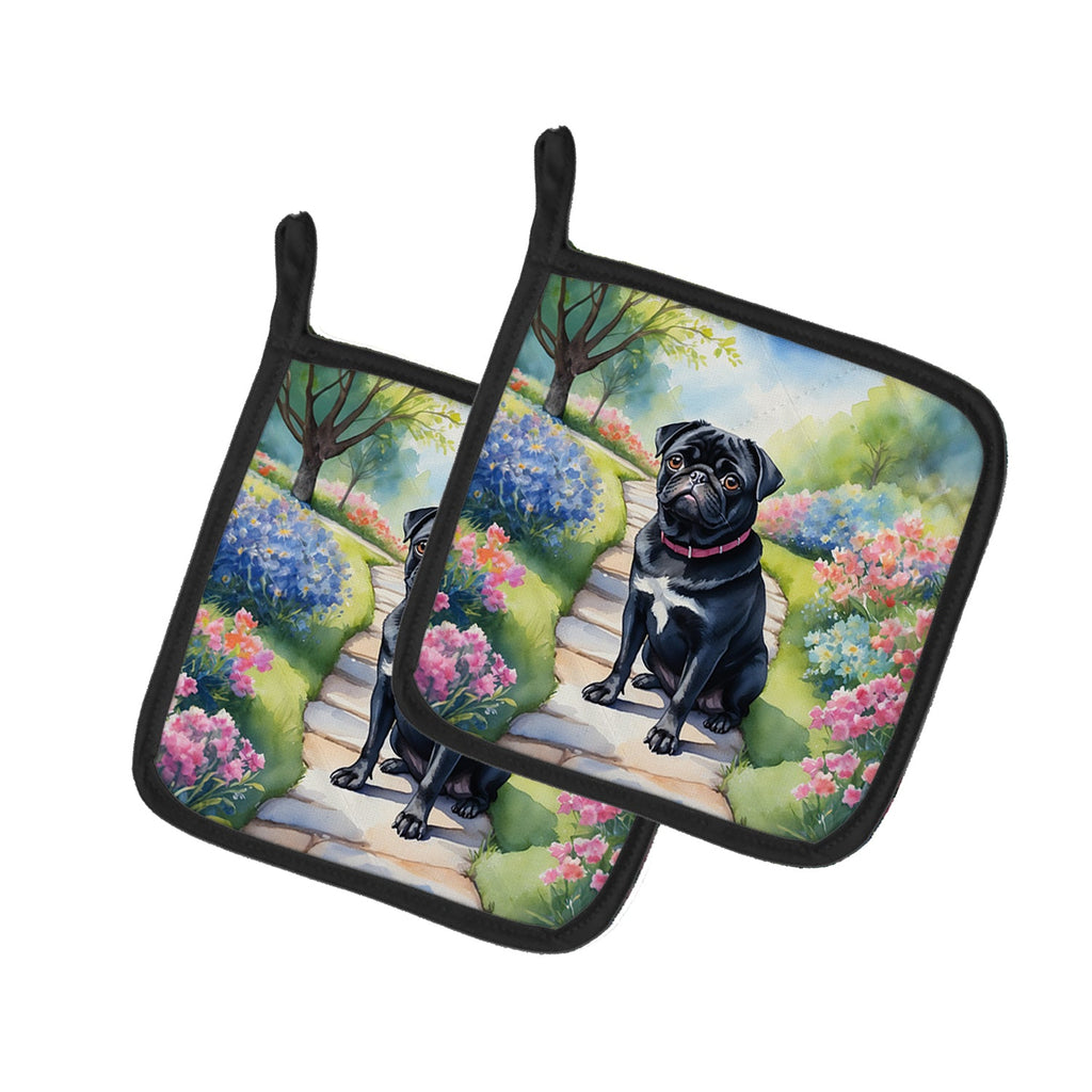 Black Pug Spring Path Pot Holder Set of 2 Heat Resistant Quilted Hot Pads 7.5 x 7.5 Inch, Insulated Kitchen Trivets for Cooking & Baking