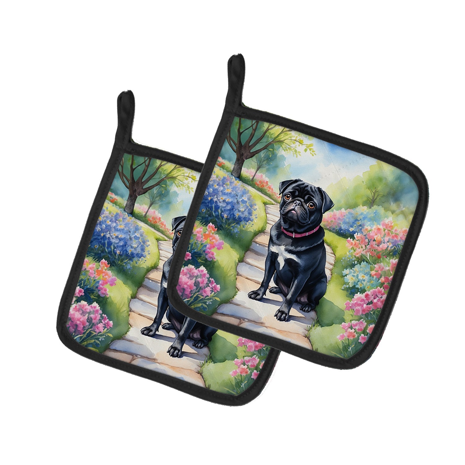 Black Pug Spring Path Pot Holder Set of 2 Heat Resistant Quilted Hot Pads 7.5 x 7.5 Inch, Insulated Kitchen Trivets for Cooking & Baking