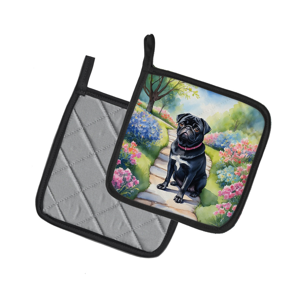 Black Pug Spring Path Pot Holder Set of 2 Heat Resistant Quilted Hot Pads 7.5 x 7.5 Inch, Insulated Kitchen Trivets for Cooking & Baking