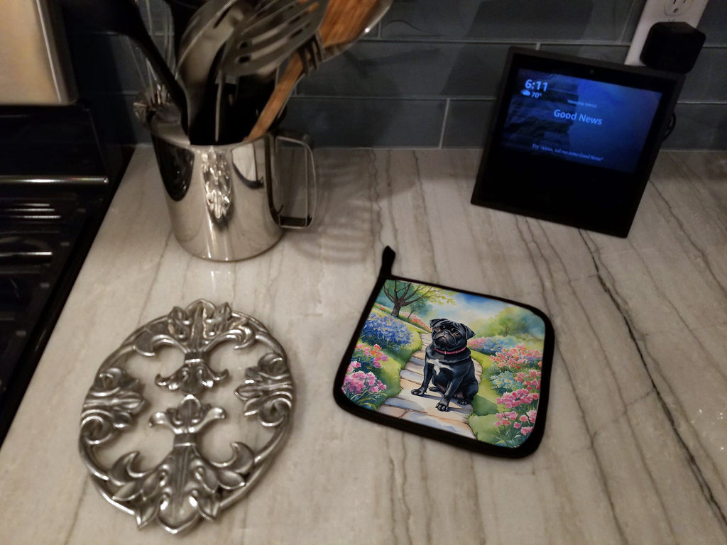 Black Pug Spring Path Pot Holder Set of 2 Heat Resistant Quilted Hot Pads 7.5 x 7.5 Inch, Insulated Kitchen Trivets for Cooking & Baking