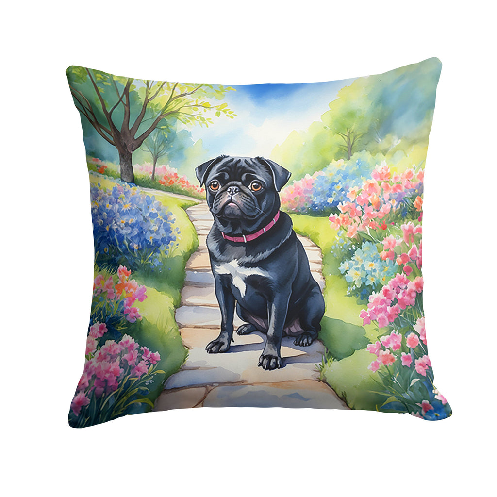 Black Pug Spring Path Decorative Throw Pillow 14x14 Indoor Outdoor Accent Cushion, Fabric Cover with Insert for Sofa, Bed, Porch & Living Room
