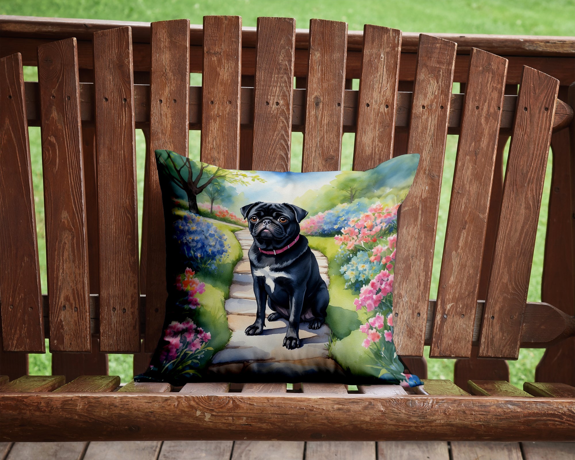 Black Pug Spring Path Decorative Throw Pillow 14x14 Indoor Outdoor Accent Cushion, Fabric Cover with Insert for Sofa, Bed, Porch & Living Room