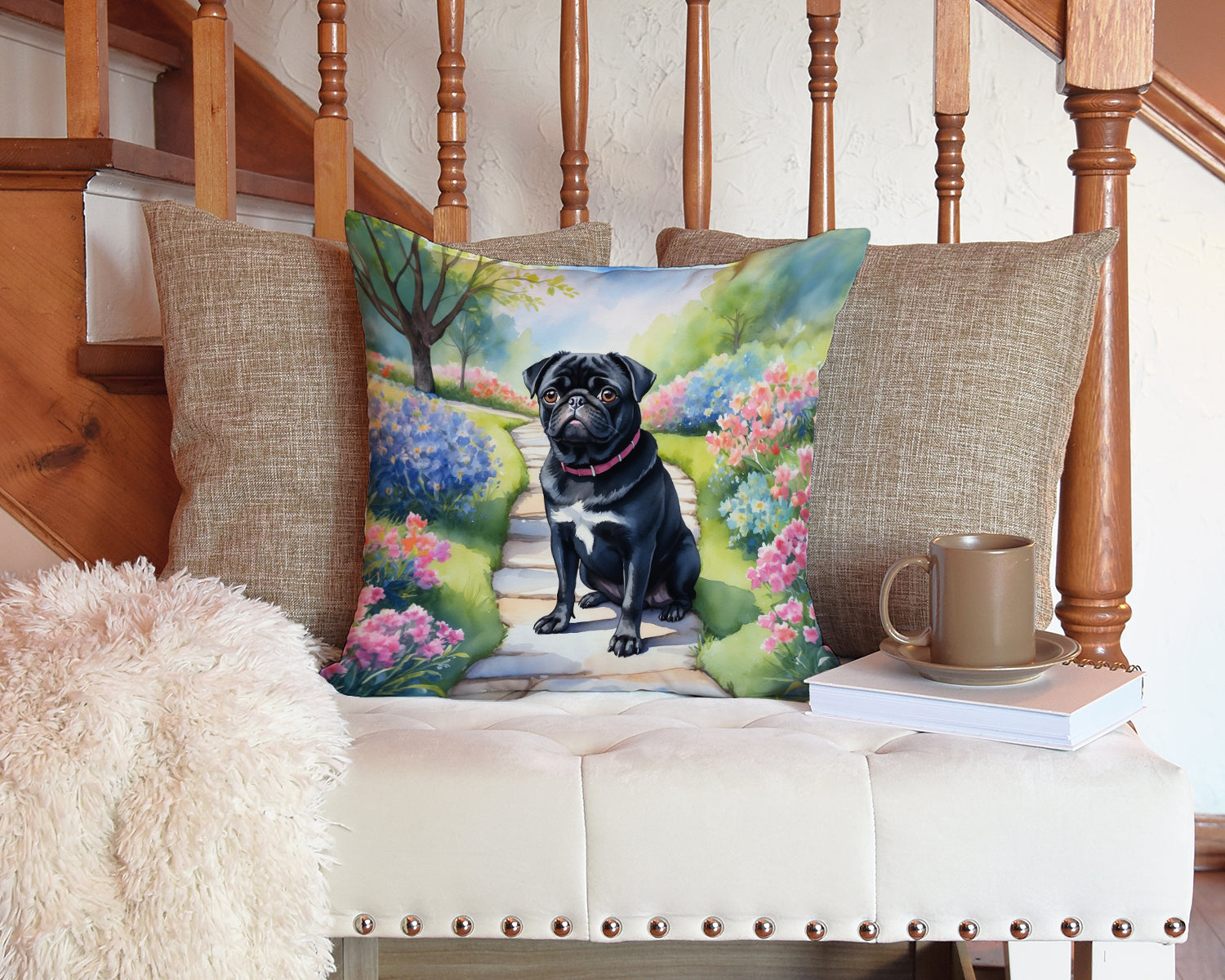 Black Pug Spring Path Decorative Throw Pillow 14x14 Indoor Outdoor Accent Cushion, Fabric Cover with Insert for Sofa, Bed, Porch & Living Room