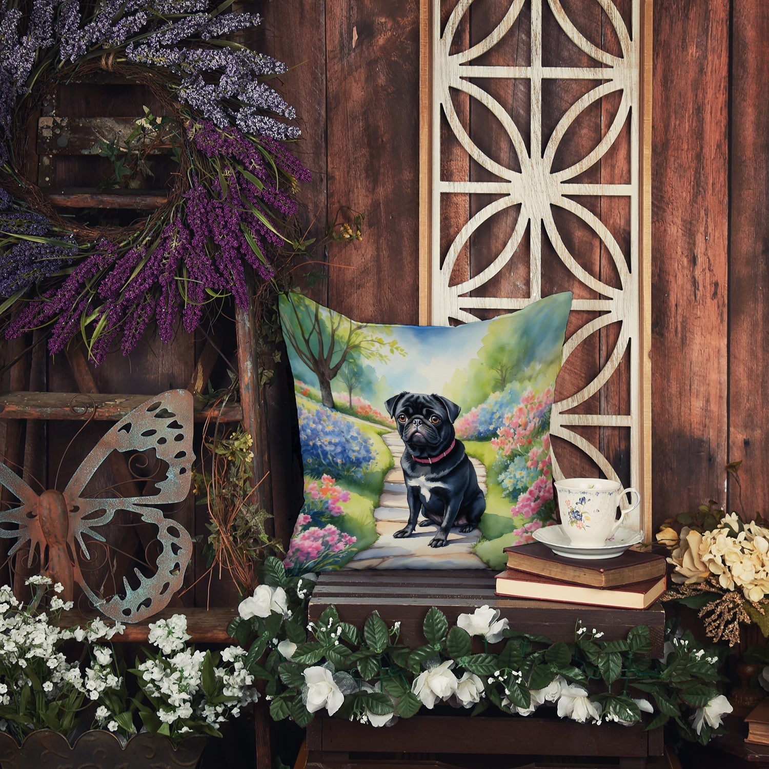 Black Pug Spring Path Decorative Throw Pillow 14x14 Indoor Outdoor Accent Cushion, Fabric Cover with Insert for Sofa, Bed, Porch & Living Room