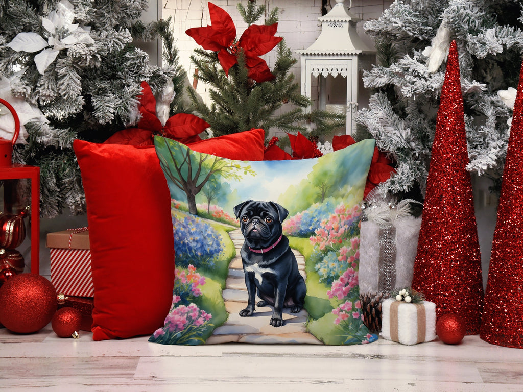 Black Pug Spring Path Decorative Throw Pillow 14x14 Indoor Outdoor Accent Cushion, Fabric Cover with Insert for Sofa, Bed, Porch & Living Room