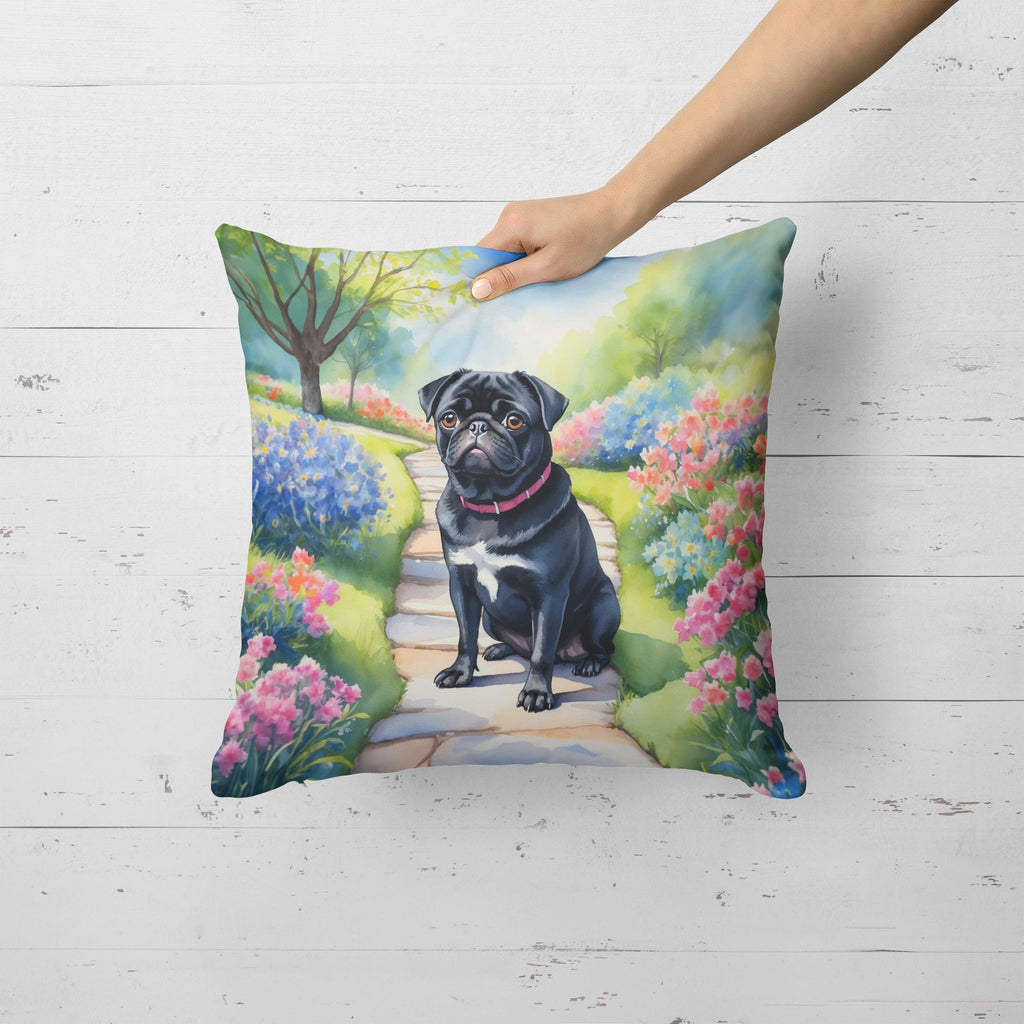 Black Pug Spring Path Decorative Throw Pillow 18x18 Indoor Outdoor Accent Cushion, Fabric Cover with Insert for Sofa, Bed, Porch & Living Room