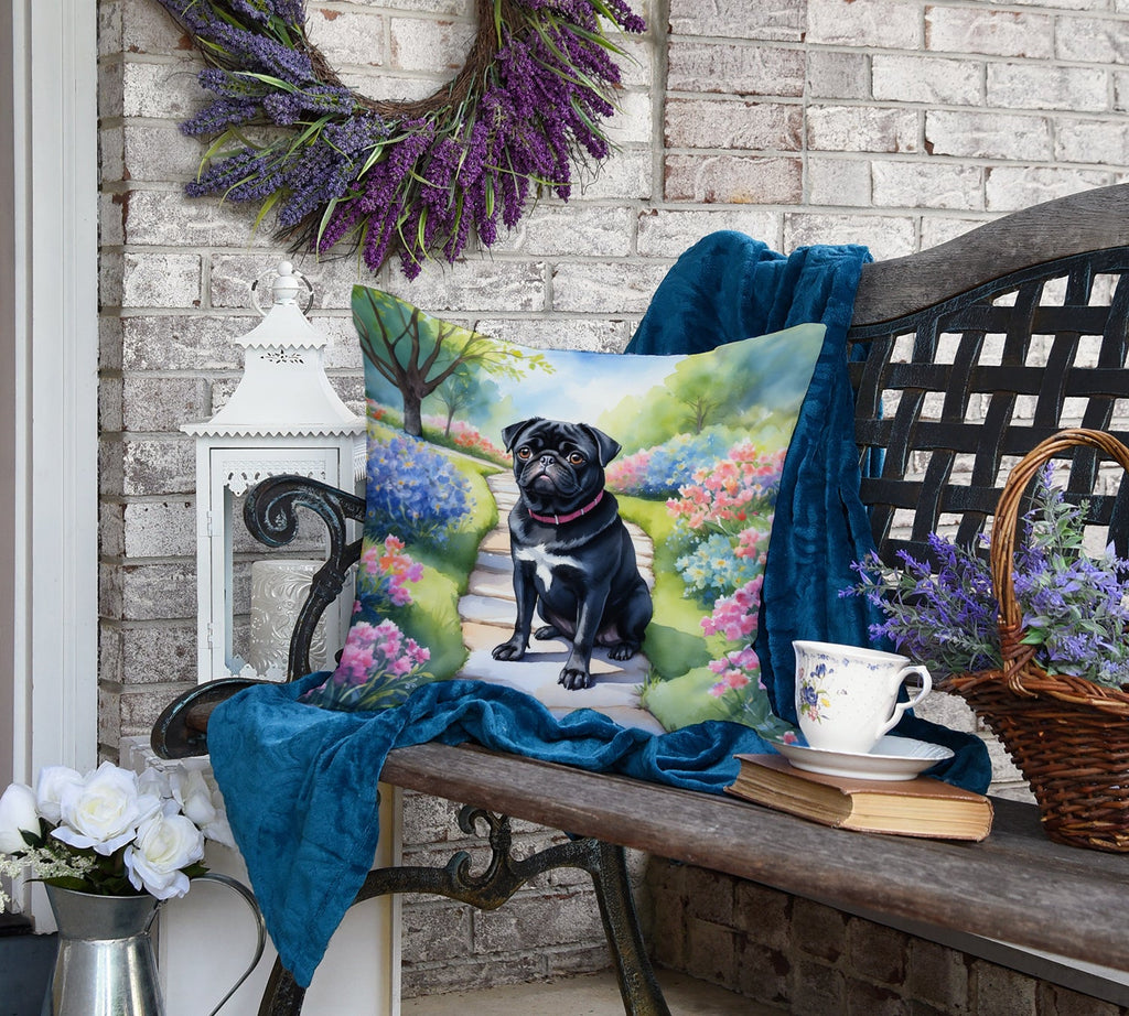 Black Pug Spring Path Decorative Throw Pillow 18x18 Indoor Outdoor Accent Cushion, Fabric Cover with Insert for Sofa, Bed, Porch & Living Room