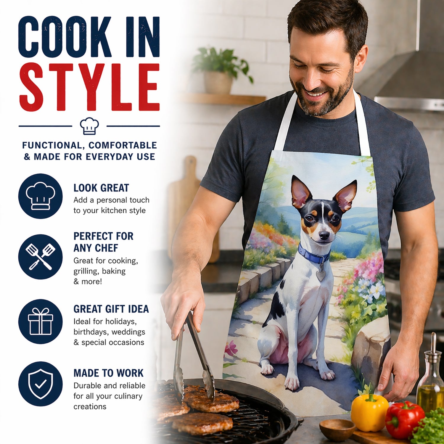 Rat Terrier Spring Path Apron Cooking Kitchen Server Baking Crafts Gardening for Adult Women Men, Unisex, Large, Multicolor