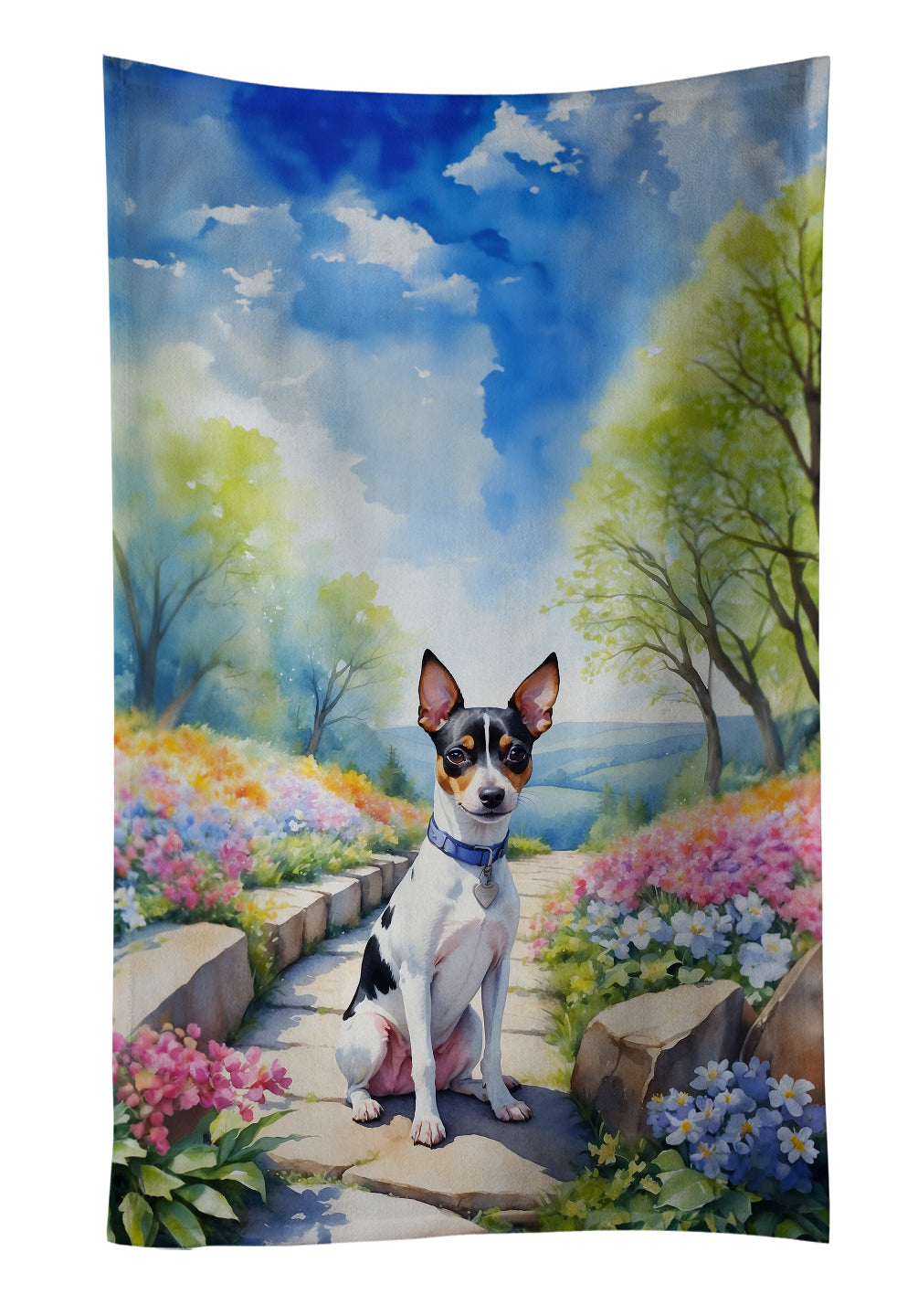 Rat Terrier Spring Path Kitchen Towel Velour Plush Front and Cotton Loop Back Machine Washable
