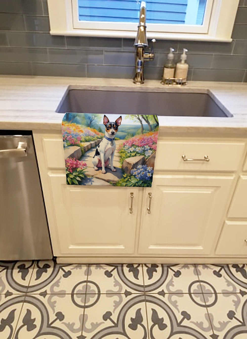 Rat Terrier Spring Path Kitchen Towel Velour Plush Front and Cotton Loop Back Machine Washable