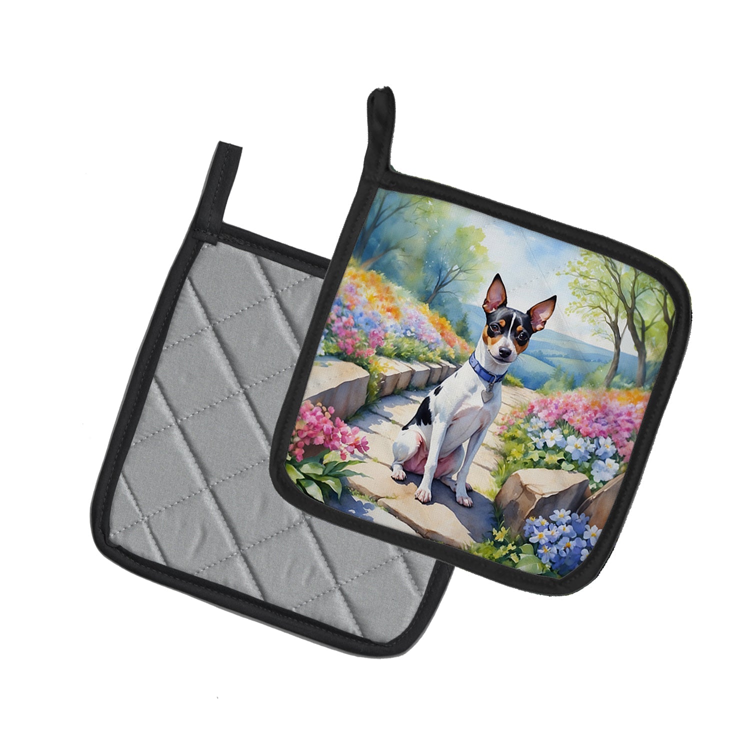 Rat Terrier Spring Path Pot Holder Set of 2 Heat Resistant Quilted Hot Pads 7.5 x 7.5 Inch, Insulated Kitchen Trivets for Cooking & Baking