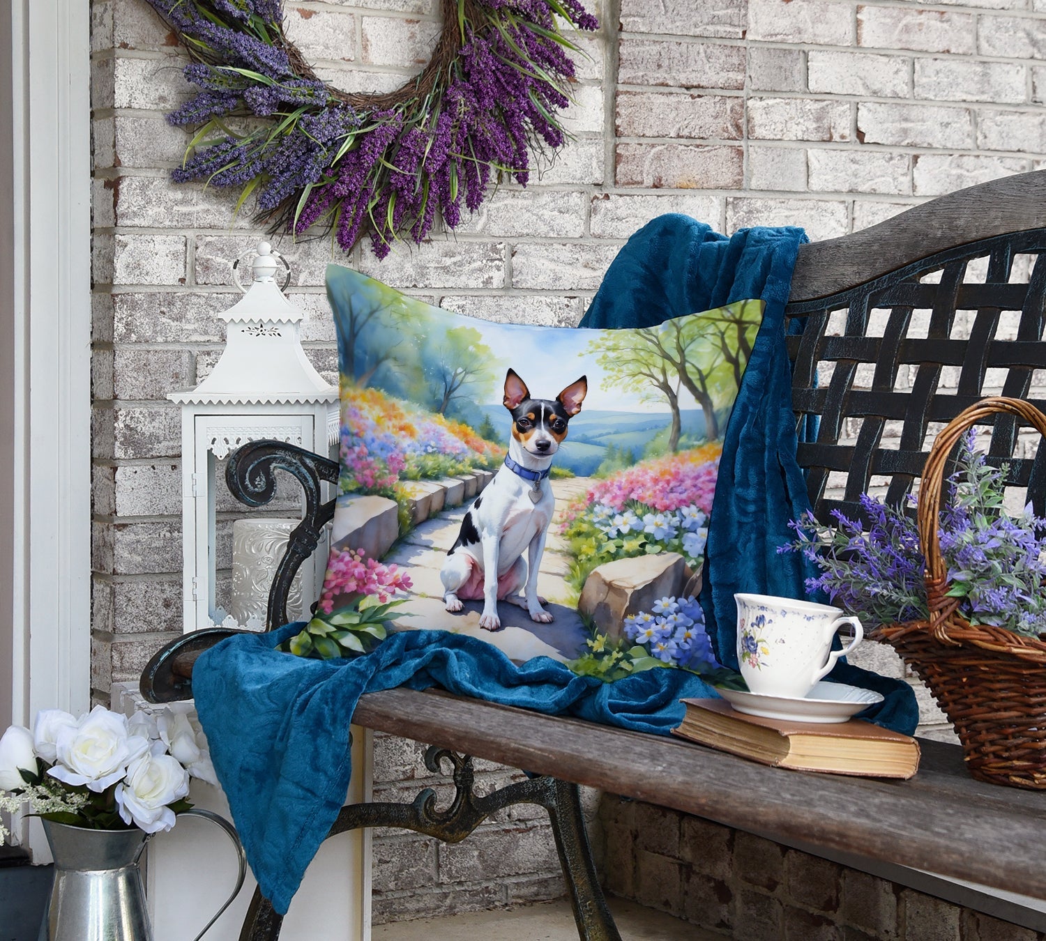 Rat Terrier Spring Path Decorative Throw Pillow 18x18 Indoor Outdoor Accent Cushion, Fabric Cover with Insert for Sofa, Bed, Porch & Living Room
