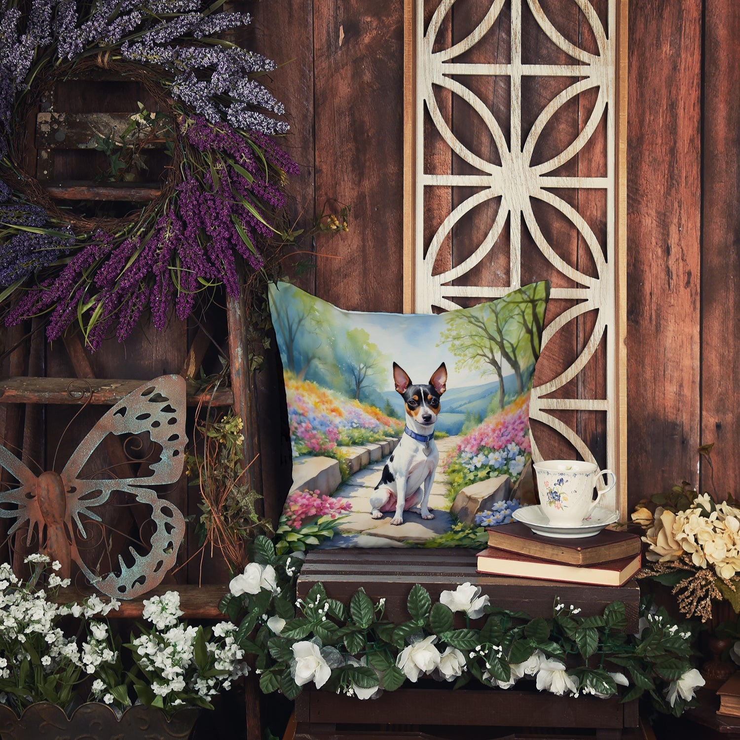 Rat Terrier Spring Path Decorative Throw Pillow 18x18 Indoor Outdoor Accent Cushion, Fabric Cover with Insert for Sofa, Bed, Porch & Living Room