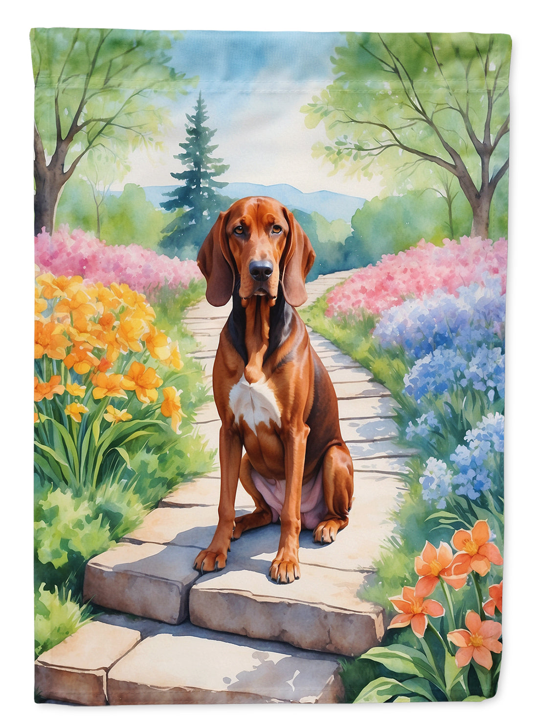 Redbone Coonhound Spring Path House Flag 28x40 Porch Sleeve Pole Decorative Outside Yard Banner Artwork Wall Hanging, Polyester