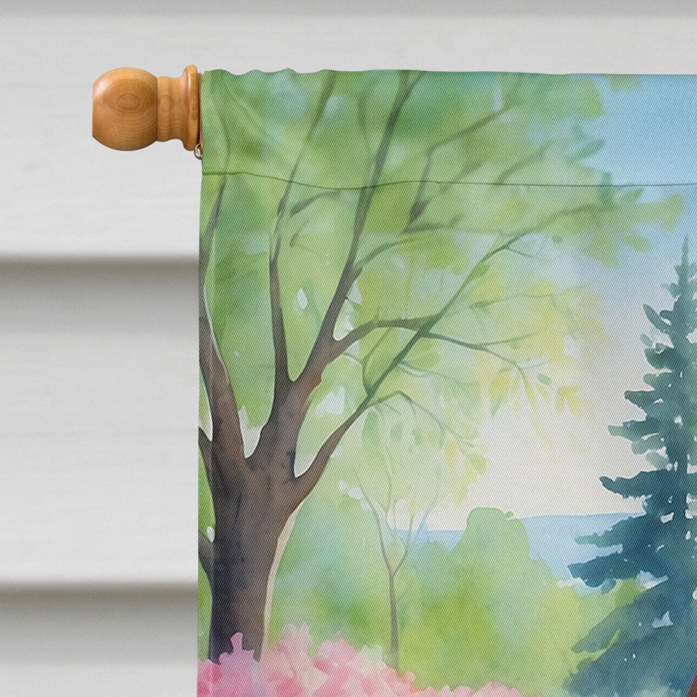 Redbone Coonhound Spring Path House Flag 28x40 Porch Sleeve Pole Decorative Outside Yard Banner Artwork Wall Hanging, Polyester