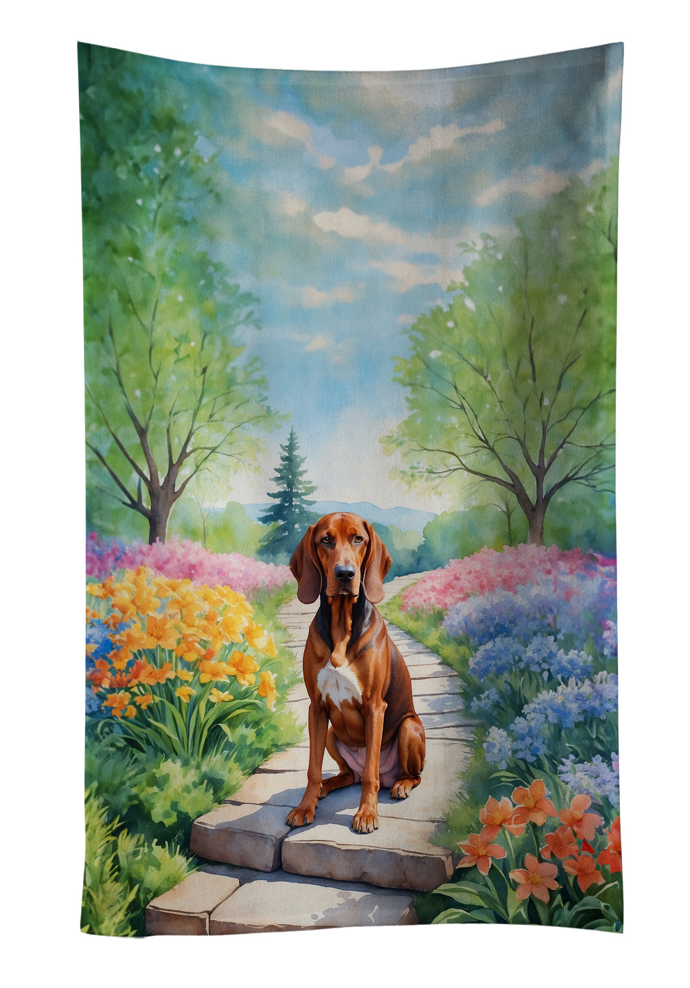 Redbone Coonhound Spring Path Kitchen Towel Velour Plush Front and Cotton Loop Back Machine Washable