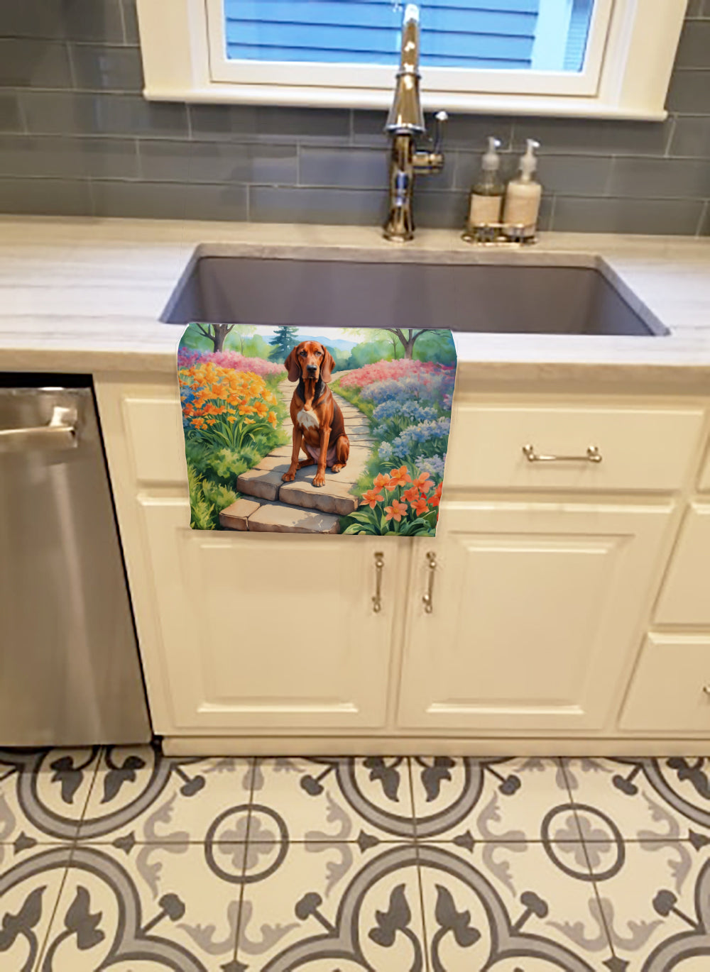 Redbone Coonhound Spring Path Kitchen Towel Velour Plush Front and Cotton Loop Back Machine Washable