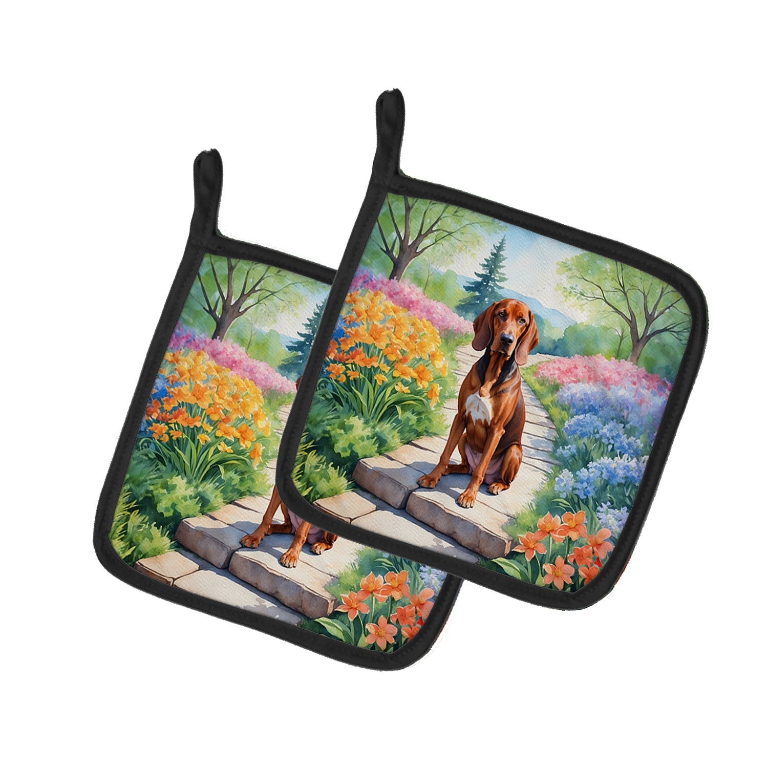 Redbone Coonhound Spring Path Pot Holder Set of 2 Heat Resistant Quilted Hot Pads 7.5 x 7.5 Inch, Insulated Kitchen Trivets for Cooking & Baking