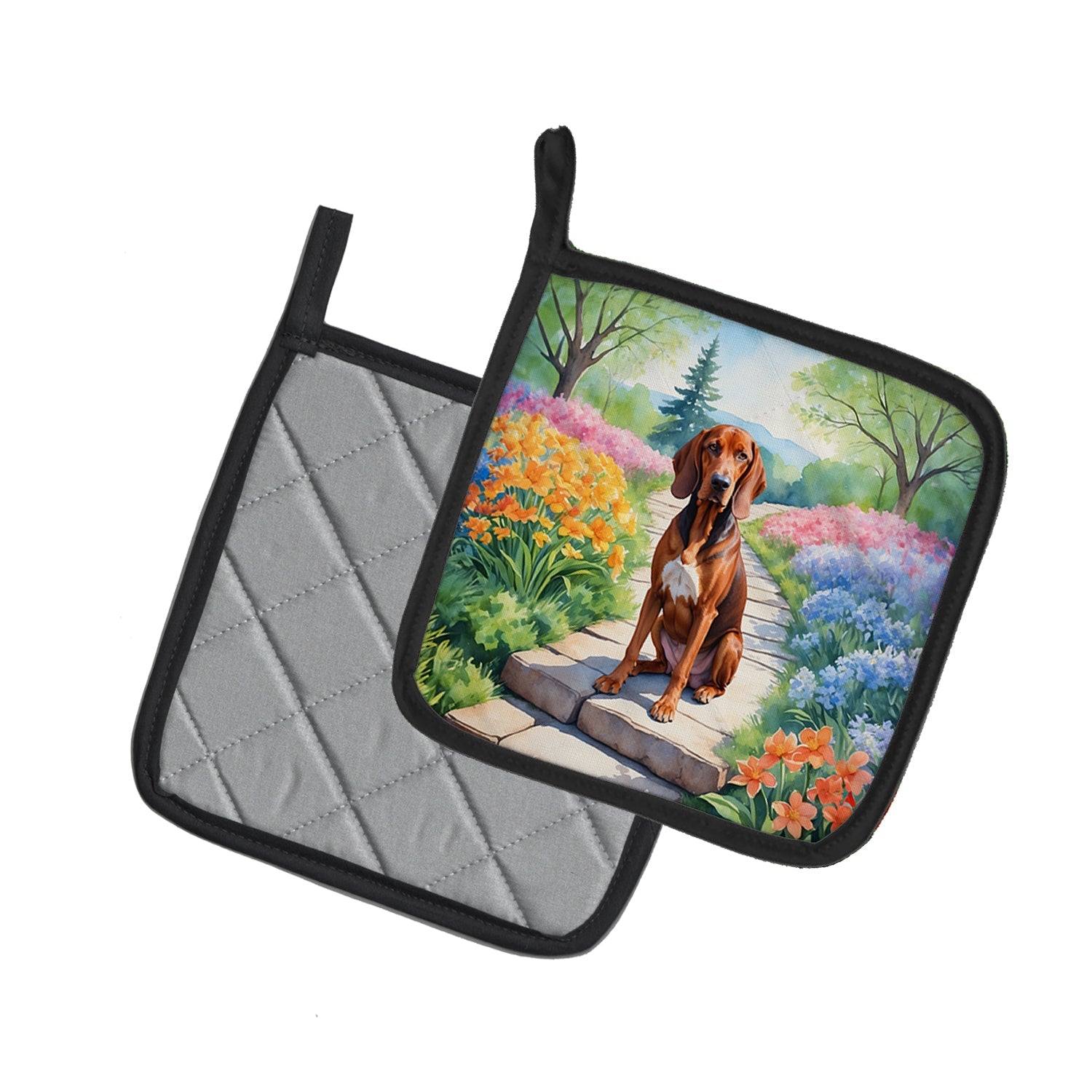 Redbone Coonhound Spring Path Pot Holder Set of 2 Heat Resistant Quilted Hot Pads 7.5 x 7.5 Inch, Insulated Kitchen Trivets for Cooking & Baking