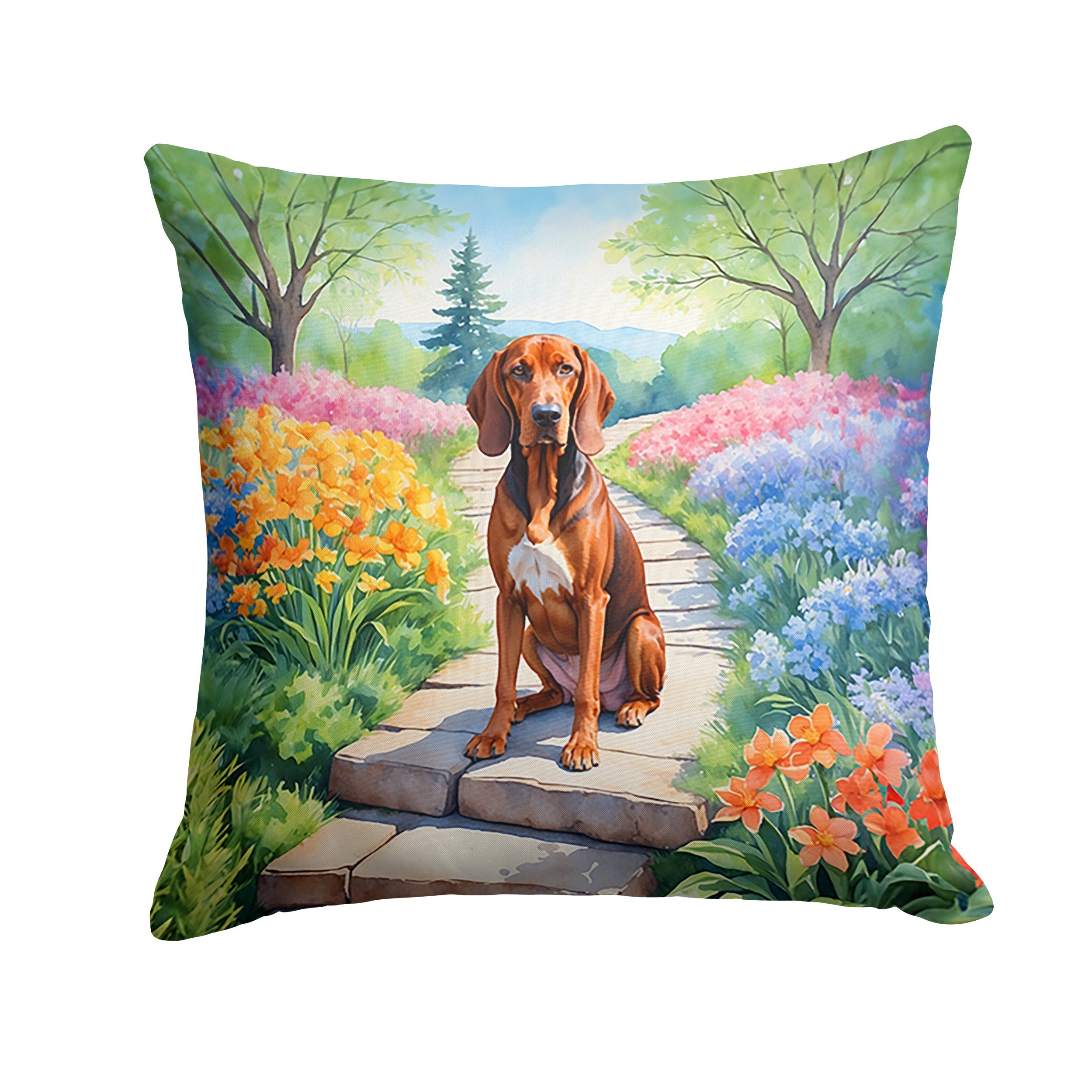 Redbone Coonhound Spring Path Decorative Throw Pillow 18x18 Indoor Outdoor Accent Cushion, Fabric Cover with Insert for Sofa, Bed, Porch & Living Room