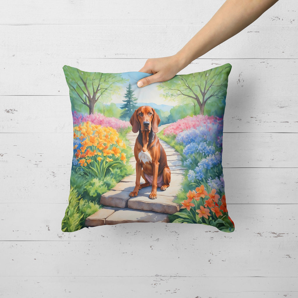 Redbone Coonhound Spring Path Decorative Throw Pillow 18x18 Indoor Outdoor Accent Cushion, Fabric Cover with Insert for Sofa, Bed, Porch & Living Room