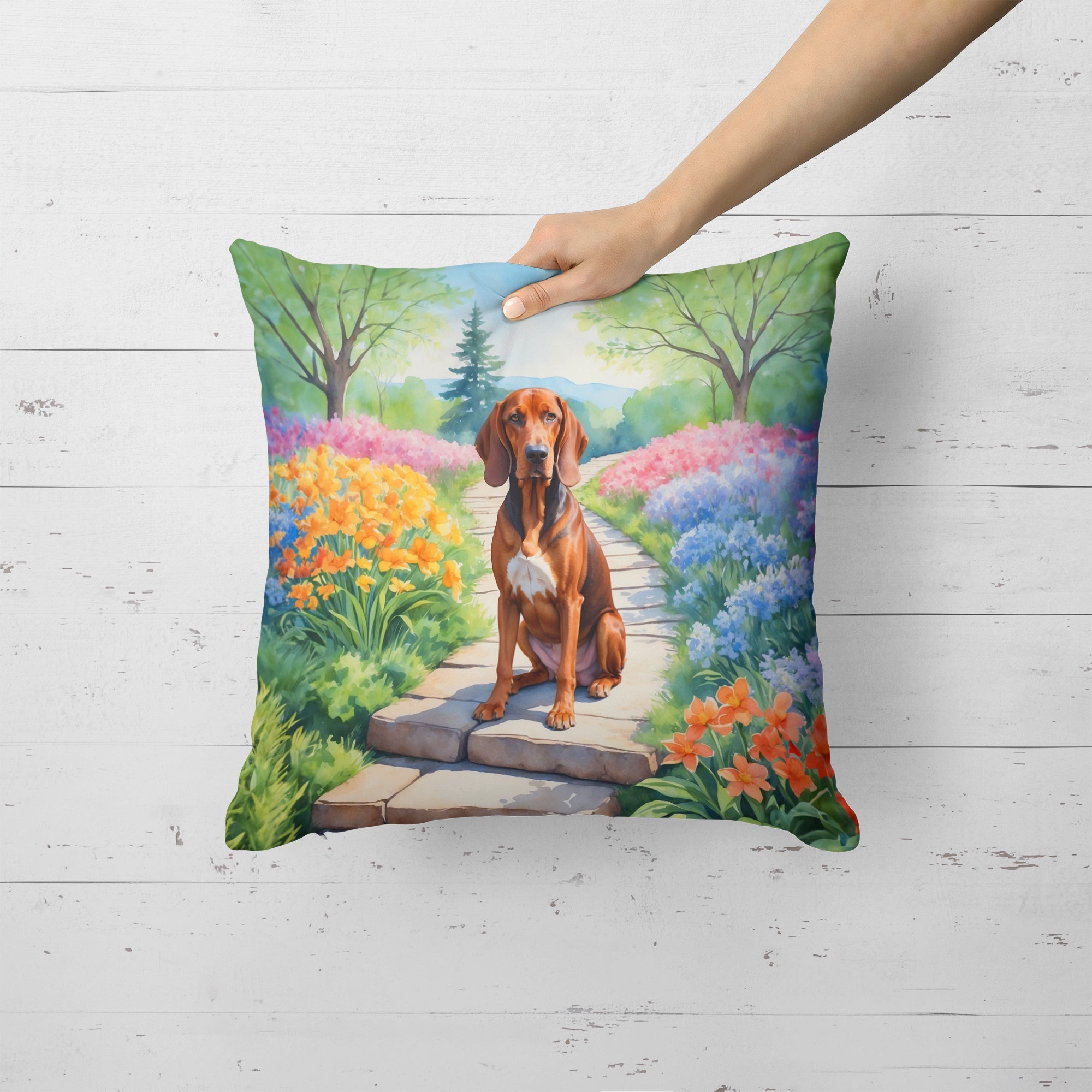 Redbone Coonhound Spring Path Decorative Throw Pillow 18x18 Indoor Outdoor Accent Cushion, Fabric Cover with Insert for Sofa, Bed, Porch & Living Room