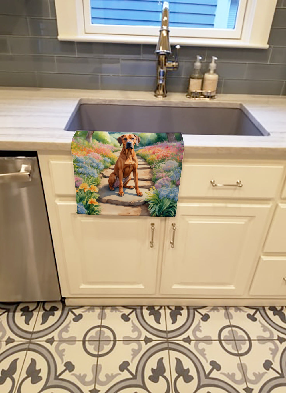 Rhodesian Ridgeback Spring Path Kitchen Towel Velour Plush Front and Cotton Loop Back Machine Washable